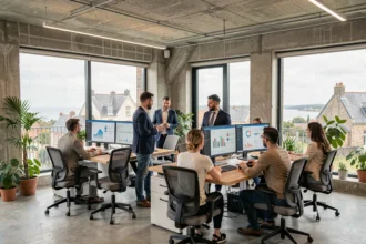 Agence SEO dans la Manche : professionnels du marketing digital travaillant sur des tableaux de bord d'analyse en open space moderne