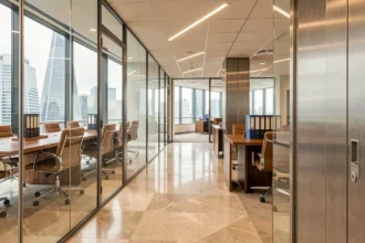 Couloir d'un cabinet d'avocats d'affaires moderne dans les Hauts-de-Seine avec vue sur La Défense