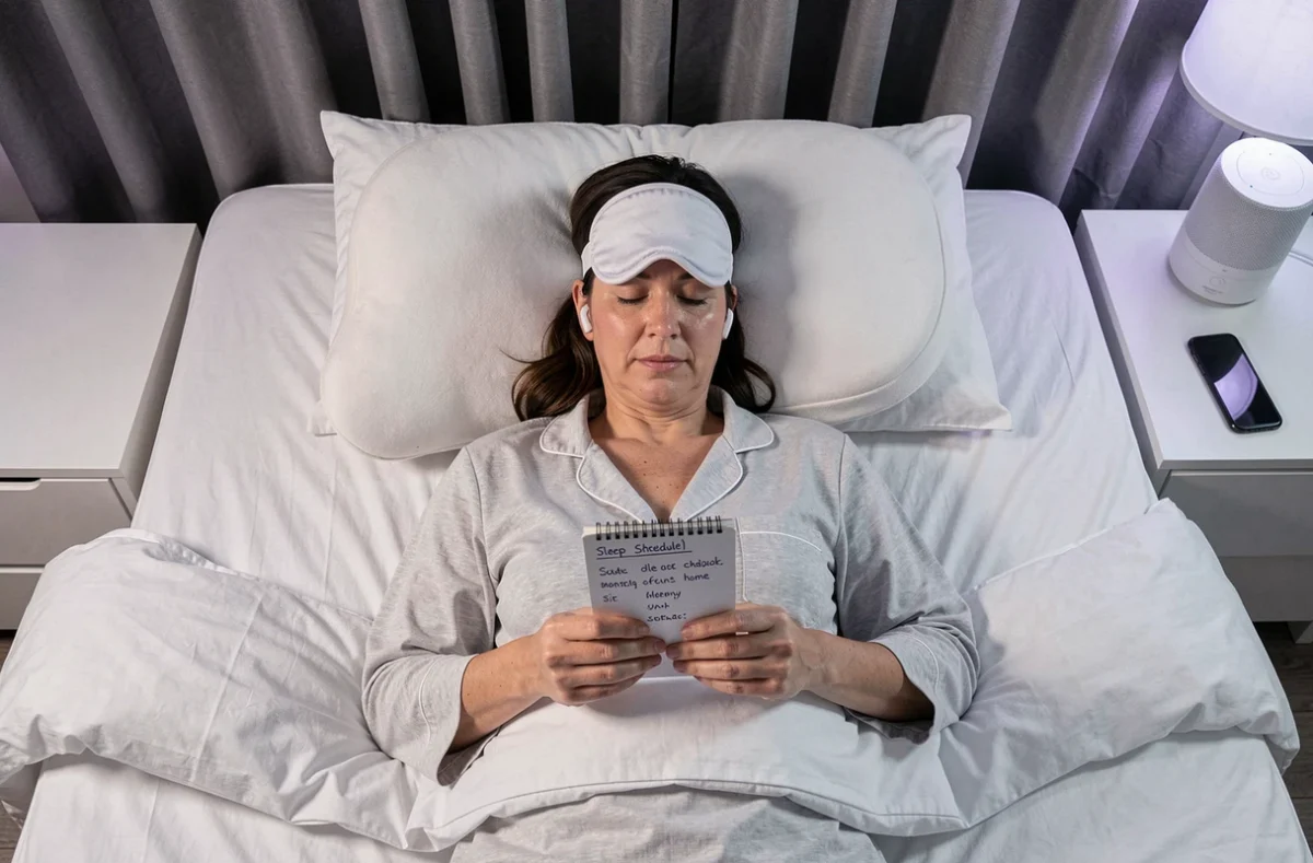 Femme travaillant en horaires décalés préparant son environnement de sommeil diurne avec masque et bouchons d'oreilles