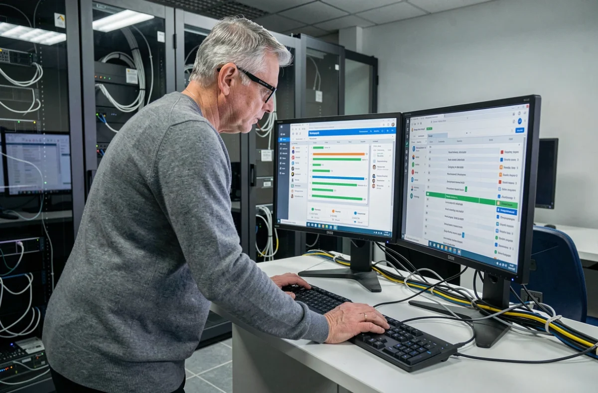 Technicien informatique supervisant la migration de données calendaires depuis Outlook vers Agendis 22 sur double écran
