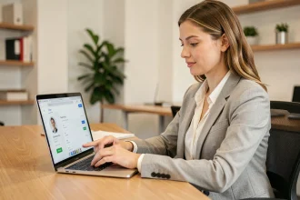 Femme professionnelle mettant à jour son adresse email sur un ordinateur portable dans un bureau moderne