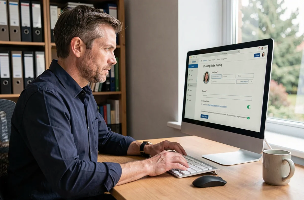 Homme consultant les paramètres de son compte en ligne pour modifier son identifiant et son adresse mail