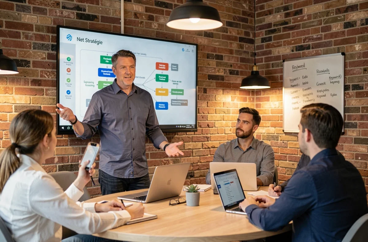 Net Stratégie agence SEO : responsable d'équipe présentant une stratégie de marketing digital multicanal à ses collègues