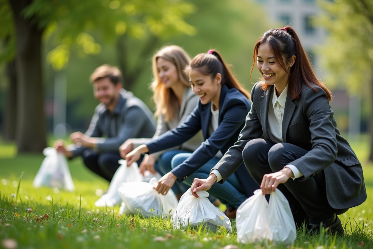 Professionnels en nettoyage de parc en plein air en journée