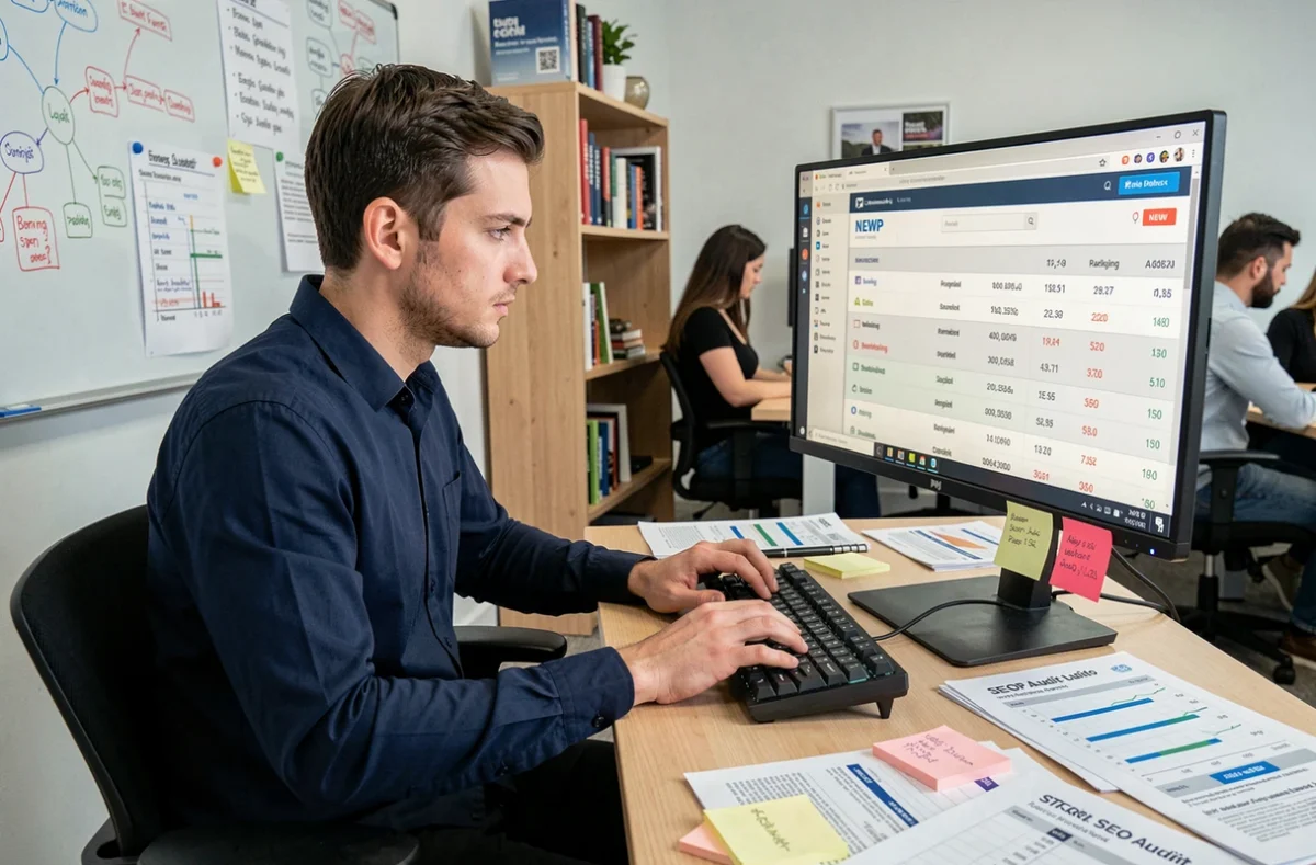 NEWP agence SEO : stratégiste digital analysant un rapport de référencement naturel dans un studio d'agence organisé