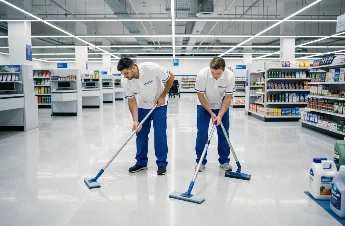 Équipe NORCLEAN polissant le sol d'un supermarché après fermeture