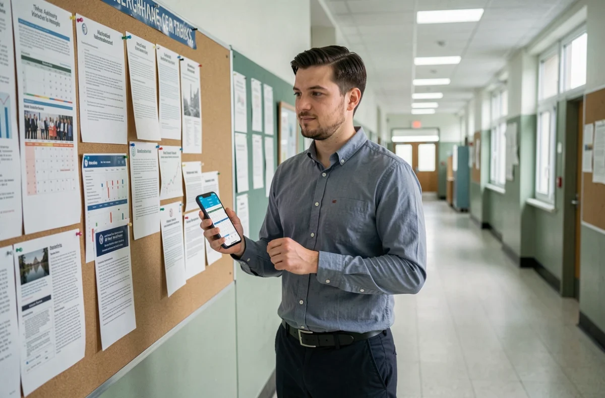 Nouveau titulaire de l'Éducation nationale consultant les dates de virement de salaire sur son téléphone dans un couloir scolaire
