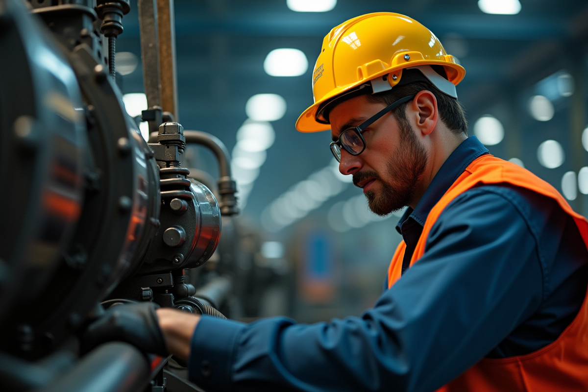 Ouvrier en atelier industriel assemblant une machine