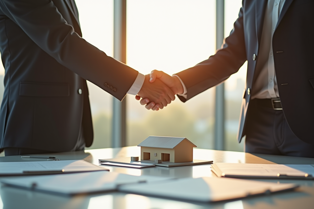 Deux partenaires d'affaires se serrant la main lors d'une réunion immobilière