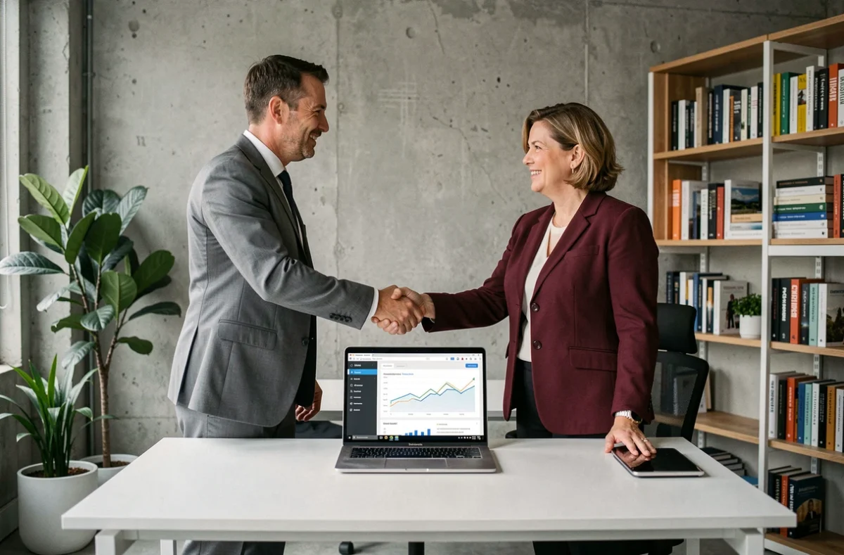 Deux professionnels B2B concluant un partenariat commercial devant un tableau de bord d'abonnement montrant des résultats concrets
