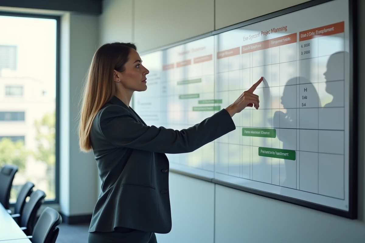 Une femme entrepreneur planifiant sa transition du salariat vers l'entrepreneuriat devant un tableau de planification avec des jalons et une feuille de route