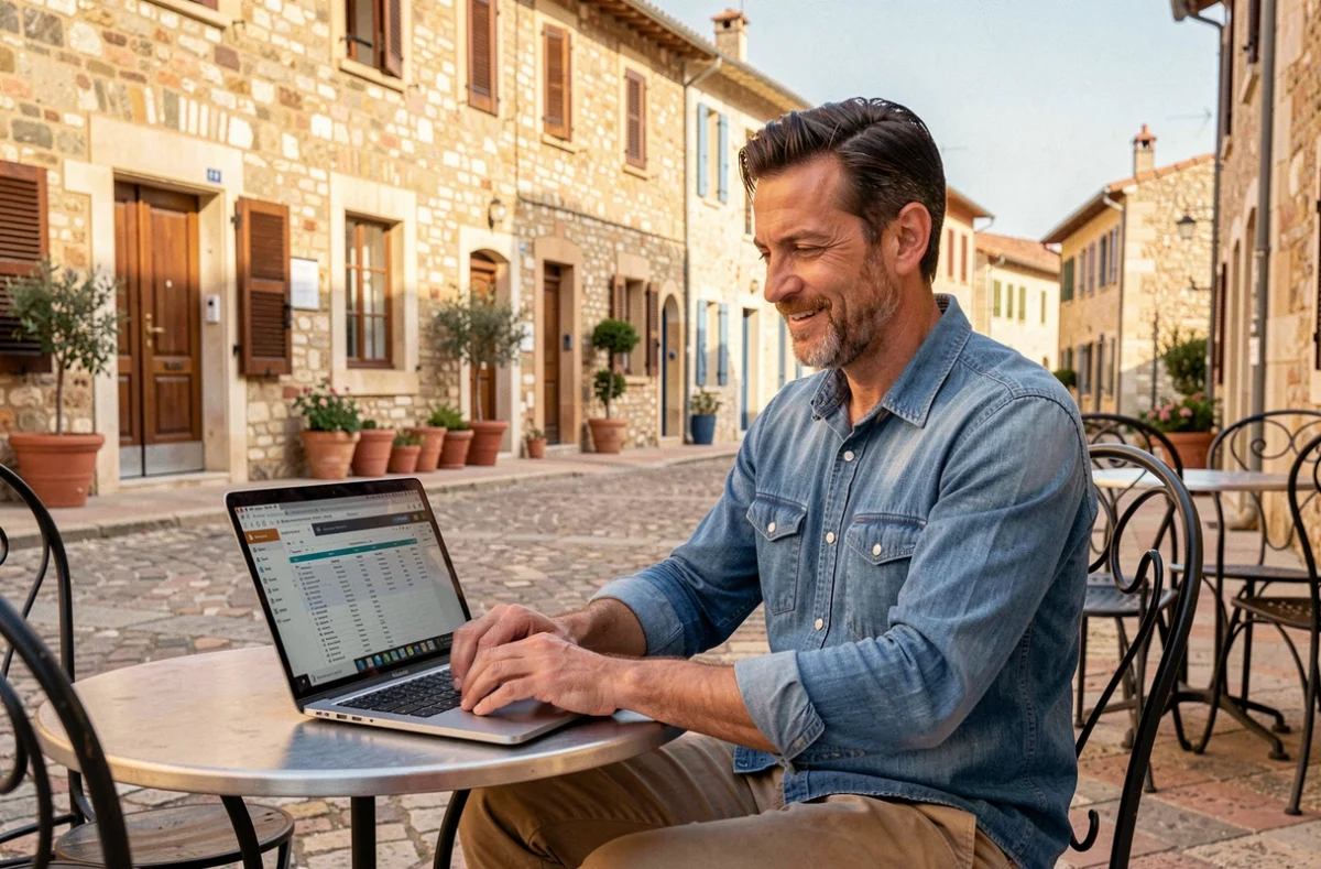 Travailleur indépendant en portage salarial utilisant son ordinateur à une terrasse de café à Draguignan