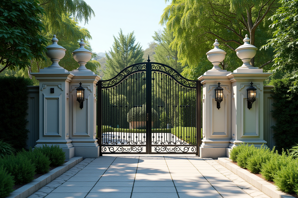Portail privé avec piliers en pierre et verdure luxuriante