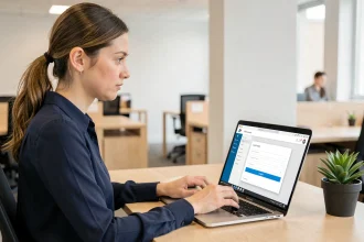 Femme connectée pour la première fois à un logiciel RH sur son ordinateur portable au bureau