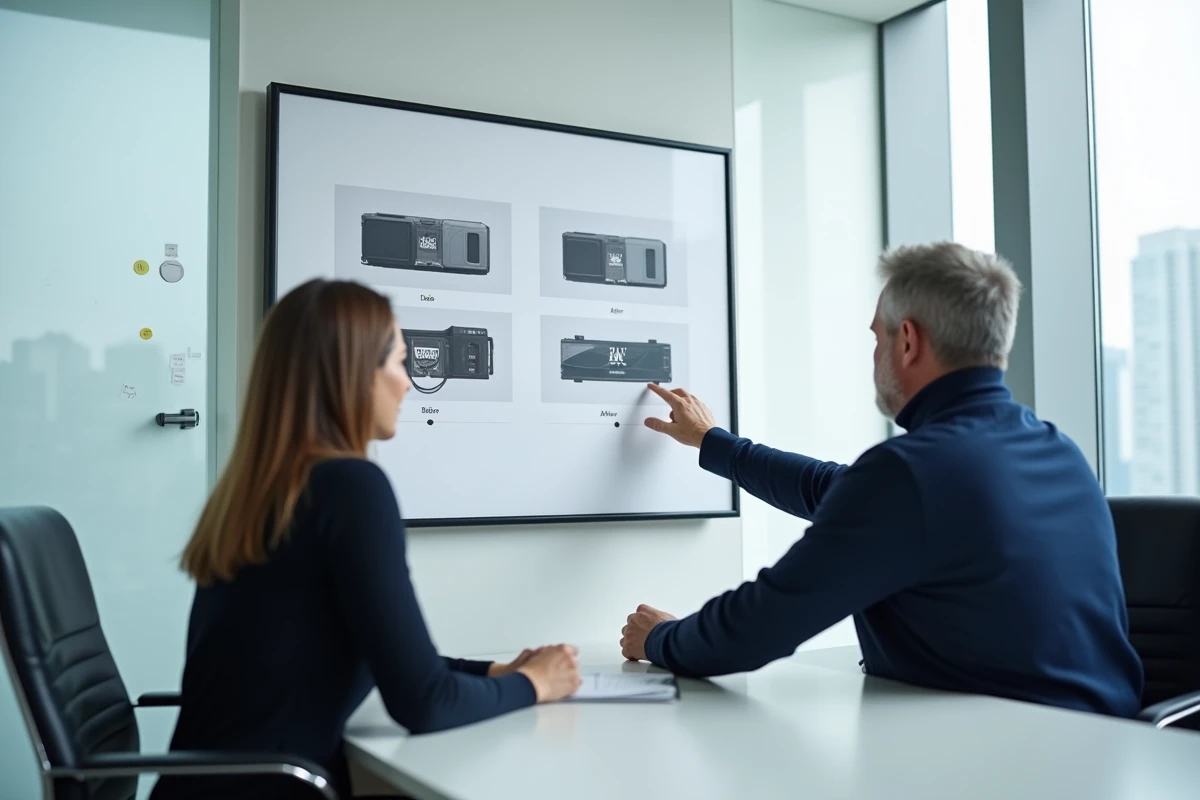 Réunion de présentation d'identité visuelle avec des affiches de refonte de logo dans une salle de conférence moderne