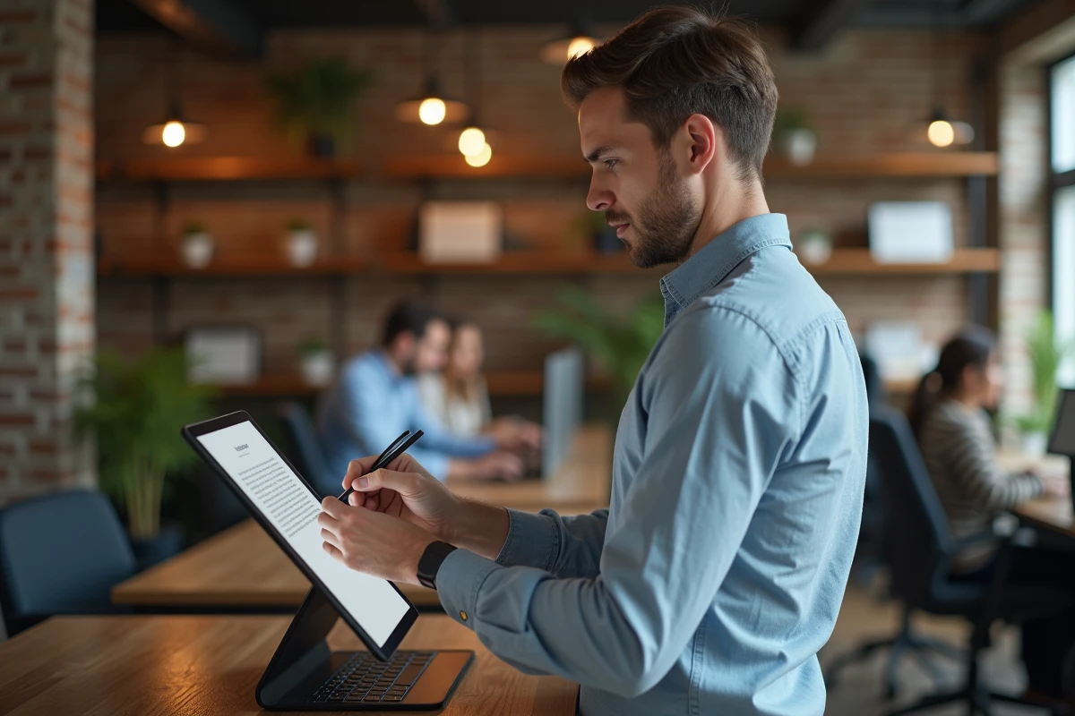 Un prestataire indépendant signe un contrat de prestation pour ordre sur une tablette numérique dans un espace de coworking