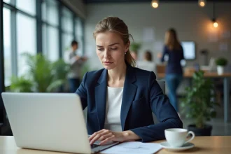 Femme professionnelle frustrée face à un problème de connexion sur un portail en ligne au bureau