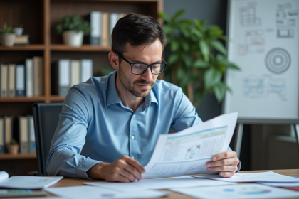 Homme professionnel en bureau moderne examine diagrammes et ordinateur
