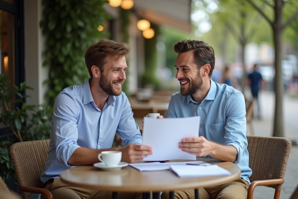 Homme en tenue décontractée discutant dans un café en plein air