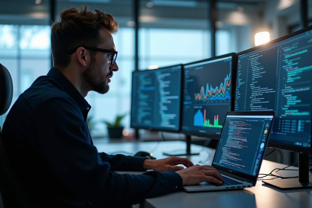 Professionnel en cybersécurité tapant du code sur un ordinateur dans un bureau lumineux
