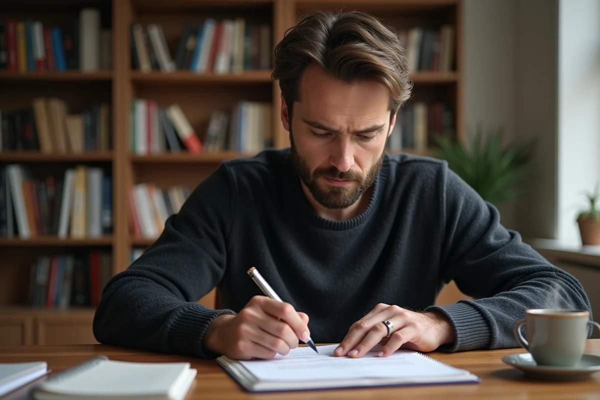 Professionnel du marketing révisant des annotations manuscrites sur la définition de l'ICP dans un bureau à domicile