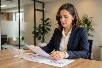 Professionnelle analysant des demandes de devis sur son bureau dans un bureau moderne, illustrant l'augmentation des prospects grâce à Exlansa