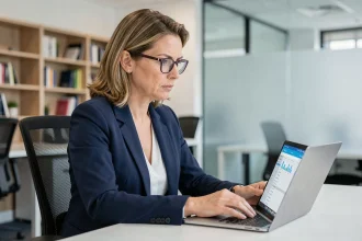 Professionnelle en entreprise consultant un coffre-fort numérique sur son ordinateur portable pour sécuriser des données sensibles
