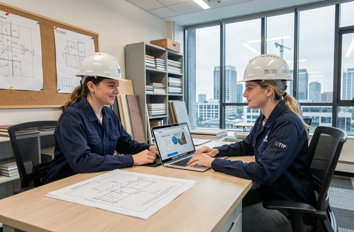 Deux professionnelles du BTP collaborant sur une plateforme numérique de mise en réseau et d'appels d'offres dans un bureau de chantier