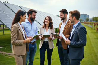 Groupe de professionnels autour d une installation solaire en extérieur