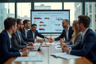 Groupe de professionnels logistique en réunion dans un bureau moderne