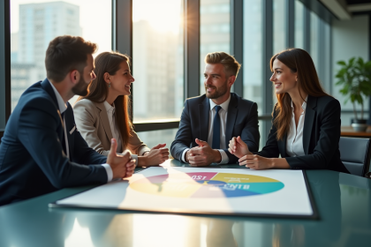 Quatre professionnels du marketing dans un bureau moderne