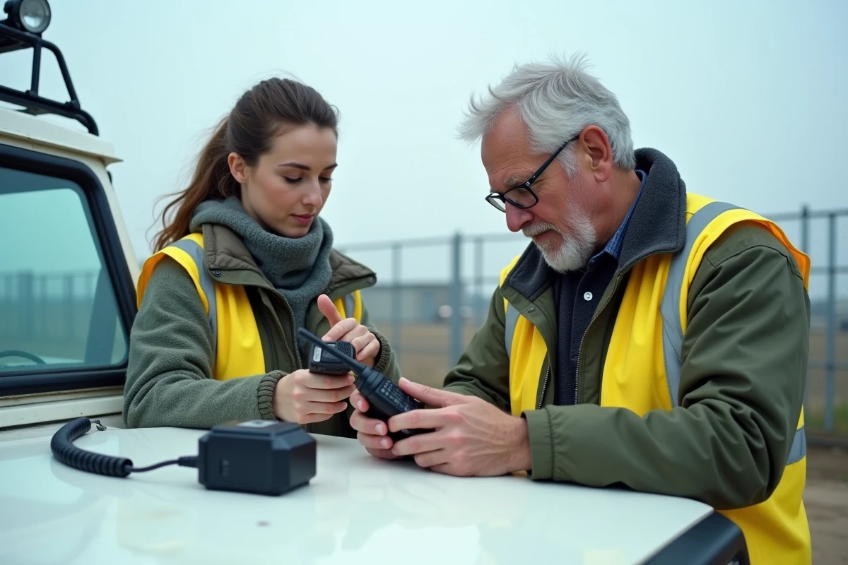 Deux professionnels examinant une radio tactique et un module de connectivité moderne sur le terrain