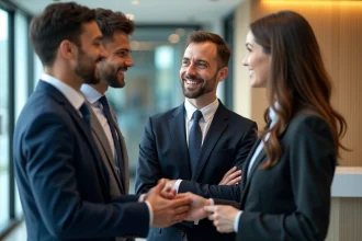 Groupe de professionnels accueillant de nouveaux arrivants