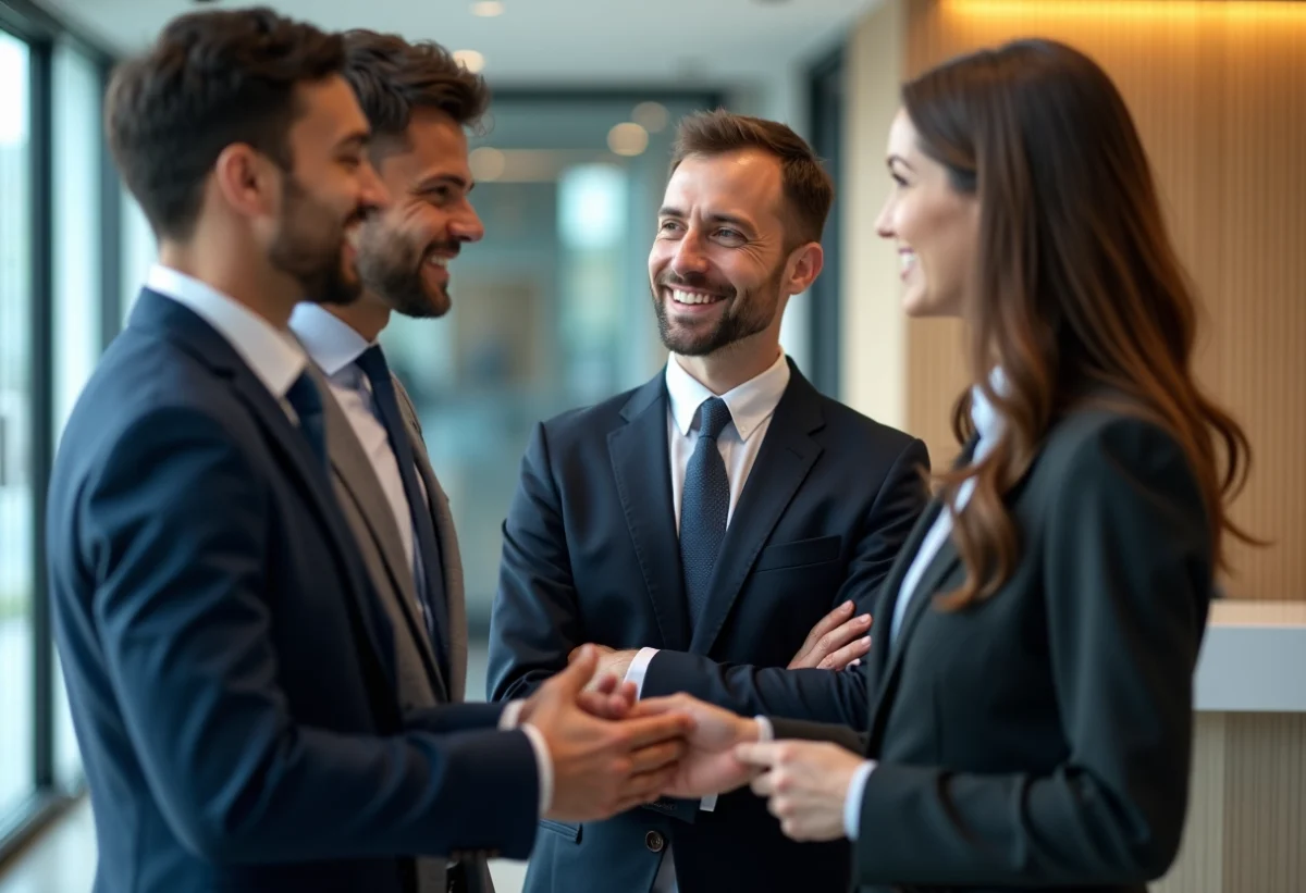 Groupe de professionnels accueillant de nouveaux arrivants