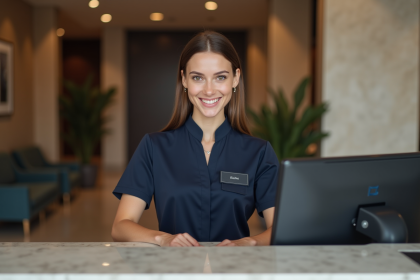 Réceptionniste d'hôtel souriante dans le lobby élégant