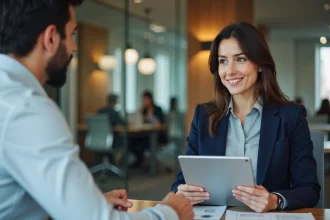 Candidate et recruteur en entretien de recrutement test dans un bureau moderne, échangeant autour d'une tablette affichant une mise en situation professionnelle