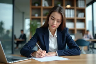 Jeune femme rédigeant une lettre de démission de contrat d'apprentissage à son bureau dans un open space professionnel
