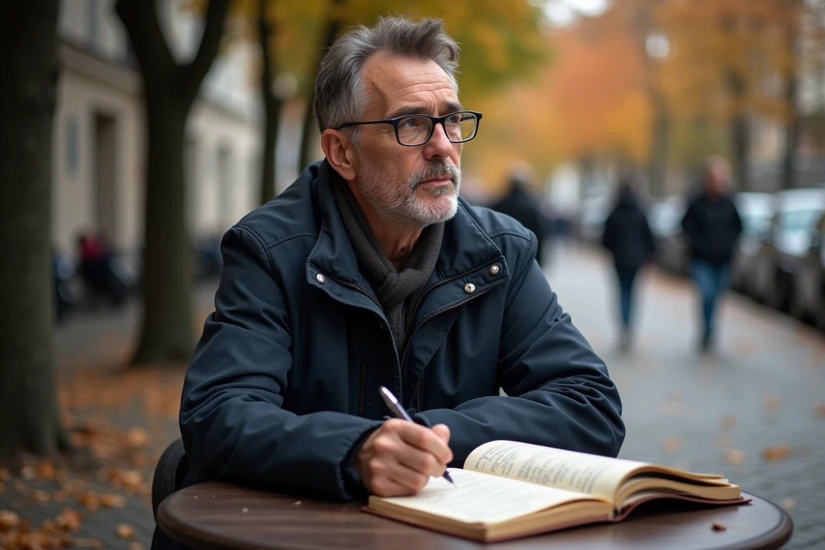 Un homme en pleine r&eacute;flexion sur son projet entrepreneurial, assis seul en terrasse avec un journal ouvert, prenant du recul sur sa carri&egrave;re