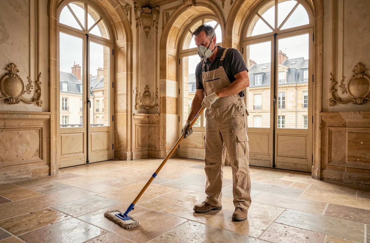 Ouvrier Rénovation du Nord nettoyant un sol en pierre restauré dans un bâtiment du patrimoine