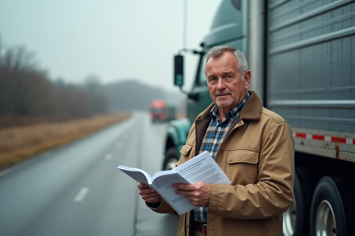 Représentant syndical de transport routier consultant la convention collective 2026 devant un camion poids lourd