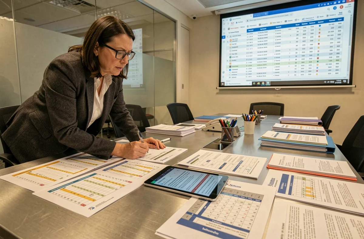Une responsable de fédération consulte des résultats et calendriers sportifs sur tablette lors d'une réunion de gestion
