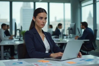 Responsable marketing analysant des rapports ICP sur son bureau dans un open space moderne