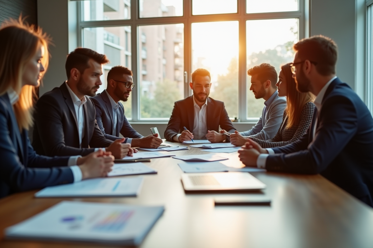 Réunion d'affaires dans un bureau moderne avec équipe diverse