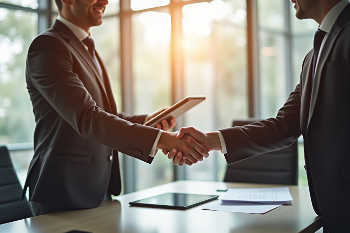 Professionnel d'affaires serrant la main d'un client dans un bureau lumineux