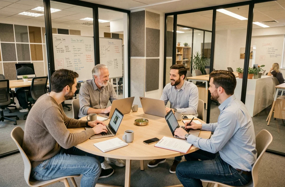 Groupe de professionnels en réunion collaborative dans un espace de coworking à Genève avec pod vitré et tableau blanc
