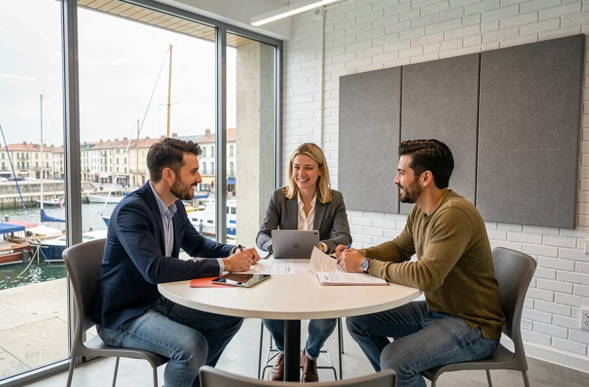 Trois professionnels en réunion dans un espace de coworking à La Rochelle avec vue sur le vieux port