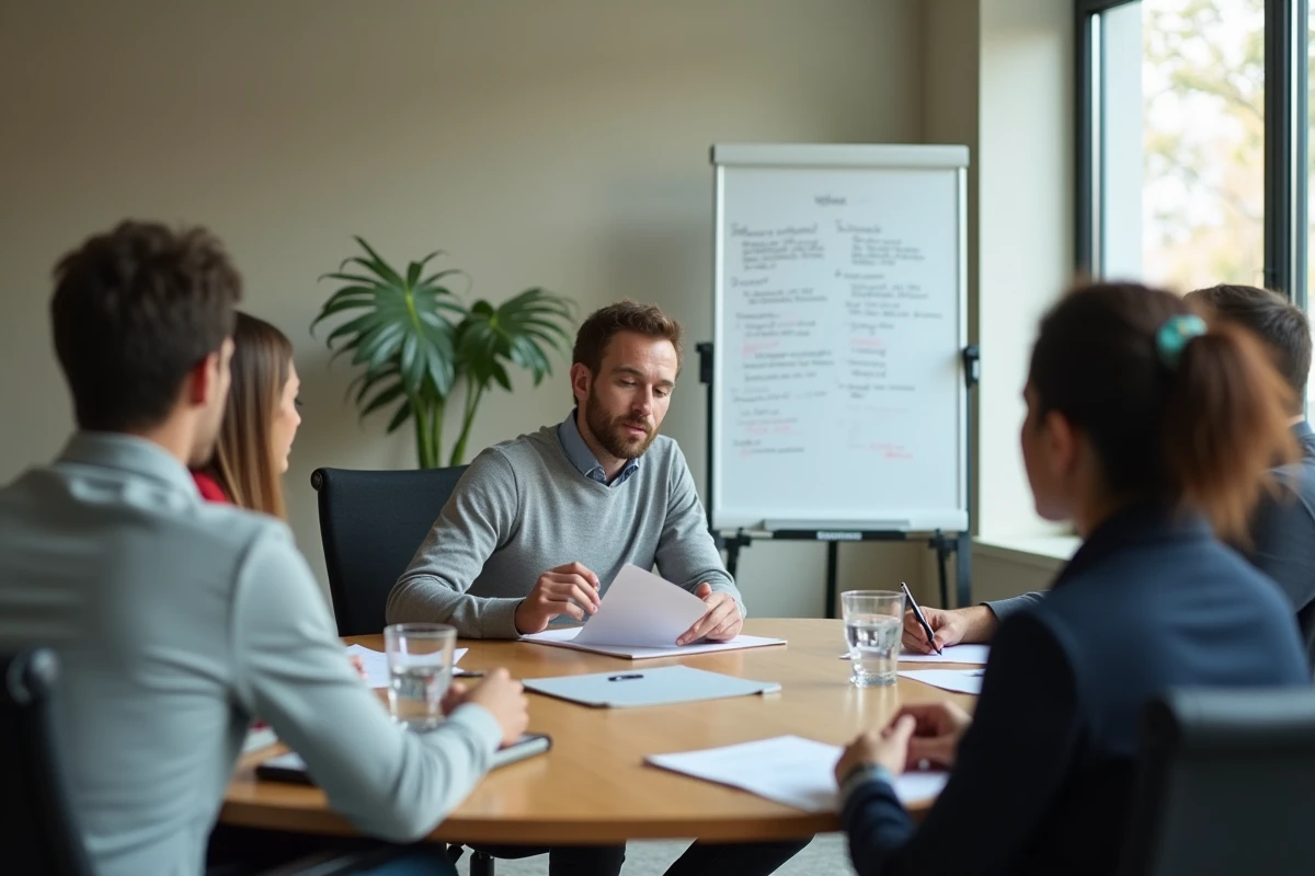 Groupe d'entrepreneurs réunis autour d'une table lors d'un événement de networking B2B, échangeant des documents professionnels