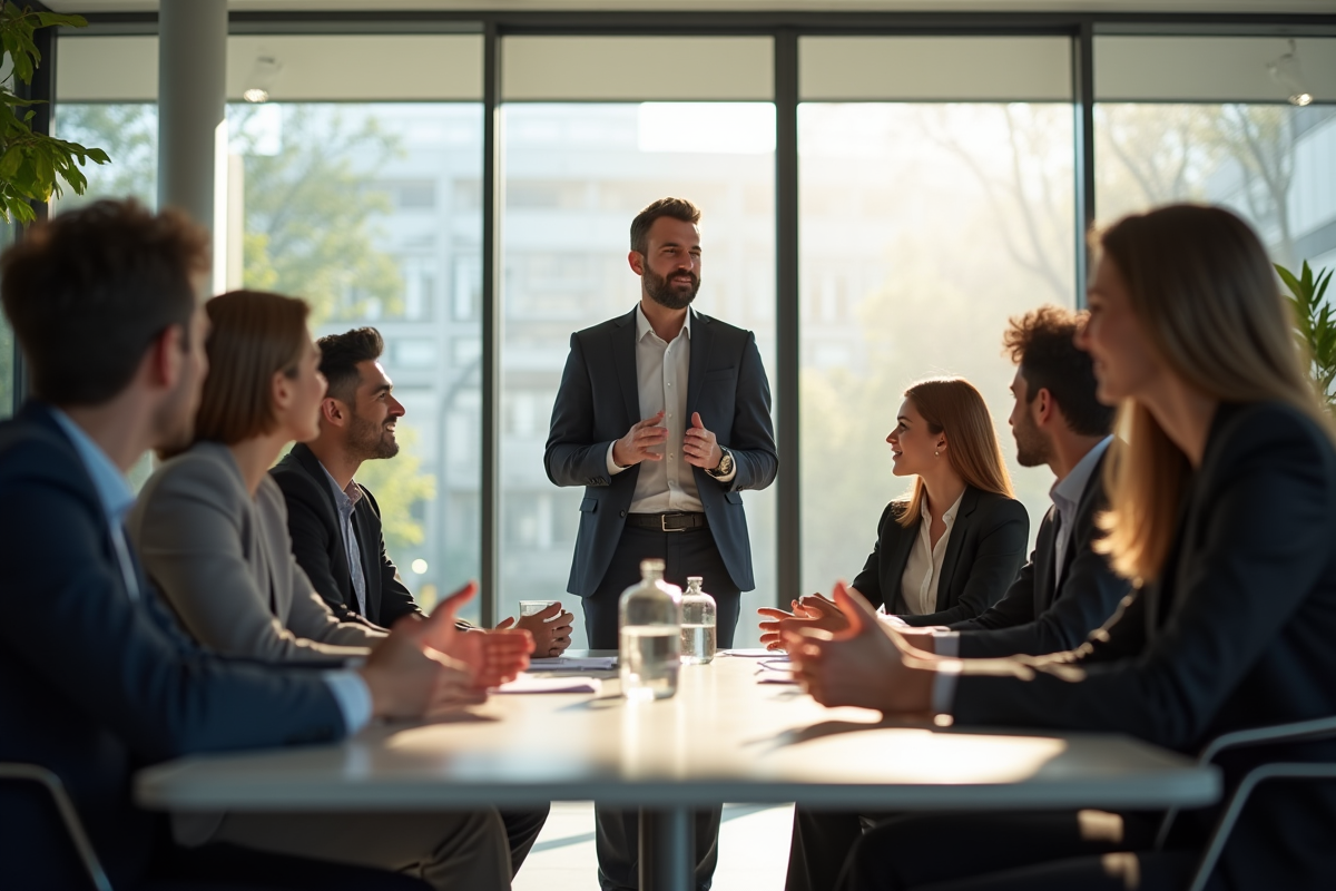 Groupe de professionnels en réunion dans un bureau lumineux