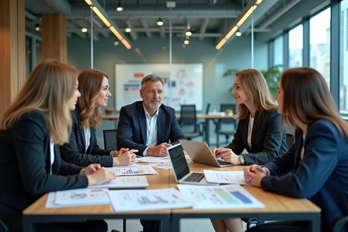 Groupe de professionnels discutant de marchés publics en réunion