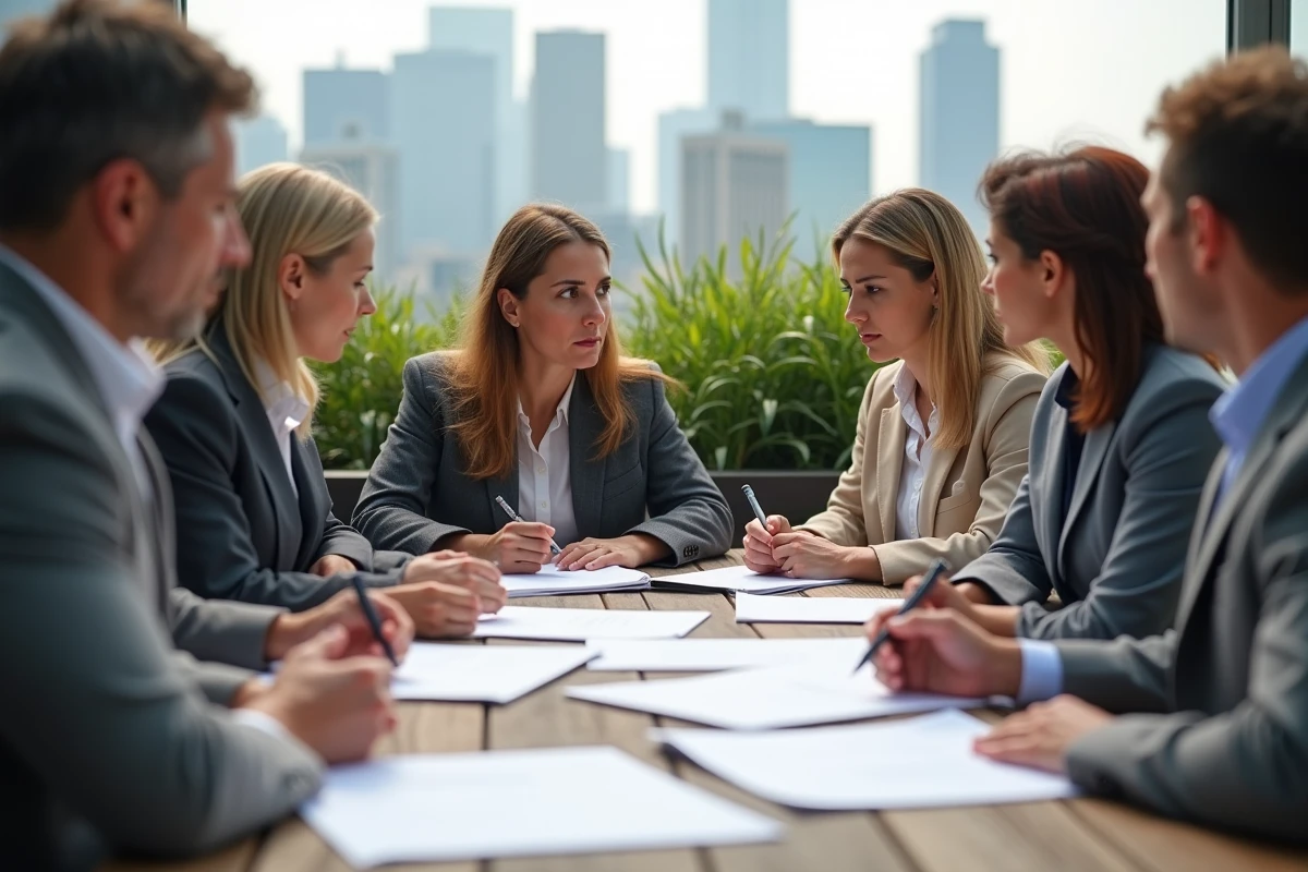 Groupe de professionnels discutant de contrats en extérieur